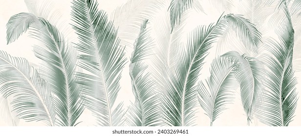 Botanical abstract art background with leaves of tropical plants, palm trees with watercolor texture. Banner with exotic plants for decoration, print, wallpaper, textiles, interior design