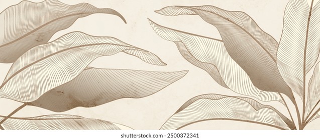 Botanical abstract art background with tropical beige leaves with hand drawn line elements. Vector banner for decor, print, wallpaper, cover, packaging, social media.