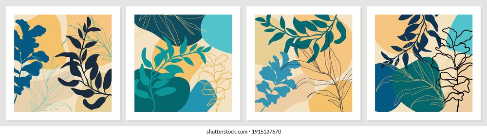 Botanical abstract art backgrounds vector. Summer square banner.  Foliage line art drawing with abstract shape. Works for wall framed prints, social media post, poster, home decor, cover, wallpaper.