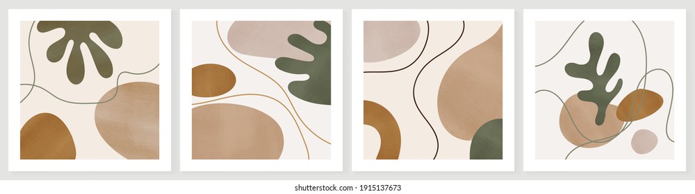 Vector de fondo de arte abstracto botánico. Cartel de la plaza de verano.  Dibujo artístico de línea de follaje con forma abstracta. Trabajos para impresiones enmarcadas en la pared, publicaciones en medios sociales, afiche, decoración doméstica, cubierta, papel pintado.