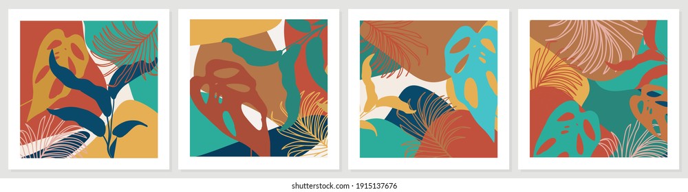 Botanical abstract art backgrounds vector. Summer square banner.  Foliage line art drawing with abstract shape. Works for wall framed prints, social media post, poster, home decor, cover, wallpaper.