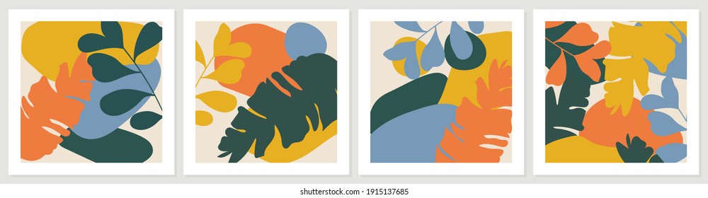 Botanical abstract art backgrounds vector. Summer square banner.  Foliage line art drawing with abstract shape. Works for wall framed prints, social media post, poster, home decor, cover, wallpaper.