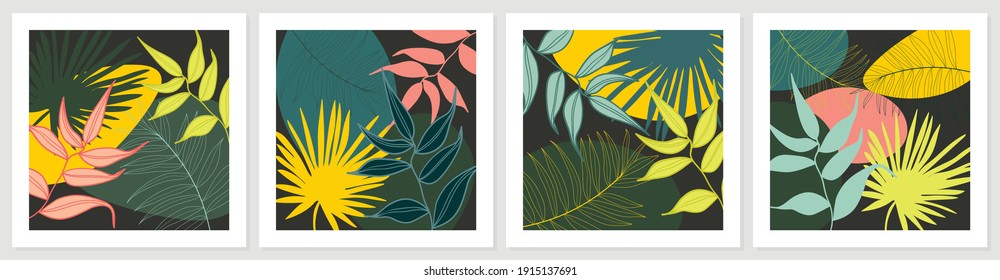 Botanical abstract art backgrounds vector. Summer square banner.  Foliage line art drawing with abstract shape. Works for wall framed prints, social media post, poster, home decor, cover, wallpaper.