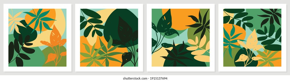 Botanical abstract art backgrounds vector. Summer square banner.  Foliage line art drawing with abstract shape. Works for wall framed prints, social media post, poster, home decor, cover, wallpaper.