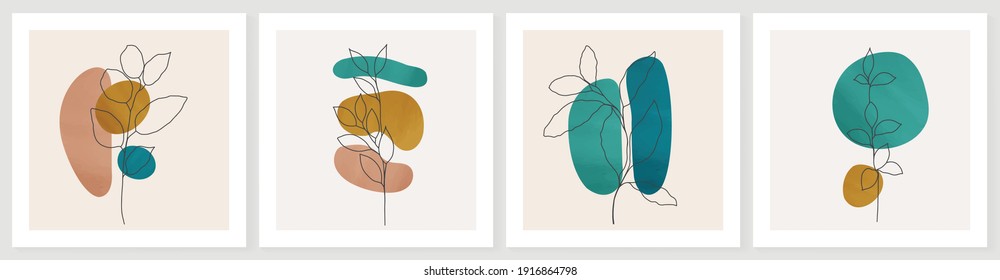 Botanical abstract art backgrounds vector. Summer square banner.  Foliage line art drawing with abstract shape. Works for wall framed prints, social media post, poster, home decor, cover, wallpaper.