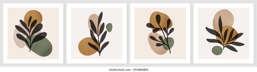 Botanical abstract art backgrounds vector. Summer square banner.  Foliage line art drawing with abstract shape. Works for wall framed prints, social media post, poster, home decor, cover, wallpaper.