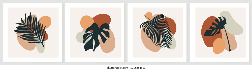 Botanical abstract art backgrounds vector. Summer square banner.  Foliage line art drawing with abstract shape. Works for wall framed prints, social media post, poster, home decor, cover, wallpaper.
