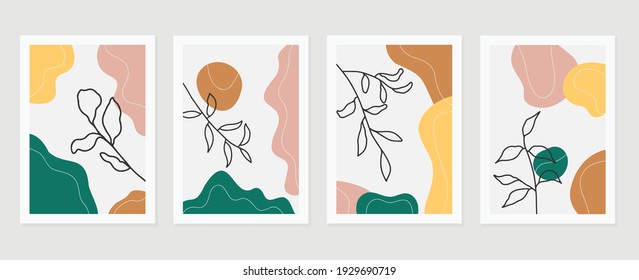 Vector de fondo de arte abstracto botánico. Cartel de la plaza de verano.  Dibujo artístico de línea de follaje con forma abstracta. Trabajos para impresiones enmarcadas en la pared, publicaciones en medios sociales, afiche, decoración doméstica, cubierta, papel pintado.
