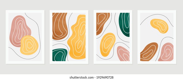 Vector de fondo de arte abstracto botánico. Cartel de la plaza de verano.  Dibujo artístico de línea de follaje con forma abstracta. Trabajos para impresiones enmarcadas en la pared, publicaciones en medios sociales, afiche, decoración doméstica, cubierta, papel pintado.