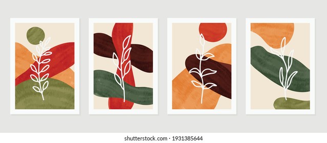 Botanical abstract art backgrounds vector. Summer square banner.  Foliage line art drawing with abstract shape. Works for wall framed prints, social media post, poster, home decor, cover, wallpaper.
