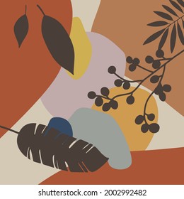 Vector de fondo de arte abstracto botánico. Arte de pared cuadrada. Dibujo de líneas de follaje con forma abstracta. Trabajos para impresiones enmarcadas en la pared, publicaciones en medios sociales, afiche, decoración doméstica, cubierta, papel pintado.