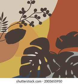 Botanical abstract art backgrounds vector. Square wall art. Foliage line art drawing with abstract shape. Works for wall framed prints, social media post, poster, home decor, cover, wallpaper.