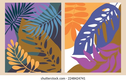 Botanical abstract art backgrounds vector. Summer square banner. Foliage line art drawing with abstract shape. Works for wall framed prints, social media post, poster, home decor, cover, wallpaper.