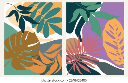 Botanical abstract art backgrounds vector. Summer square banner. Foliage line art drawing with abstract shape. Works for wall framed prints, social media post, poster, home decor, cover, wallpaper.