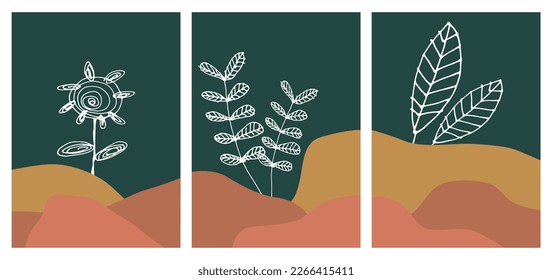 Botanical abstract art backgrounds vector. Line art drawing with abstract shape. Works for wall framed prints, social media post, poster, home decor, cover, wallpaper.