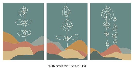 Botanical abstract art backgrounds vector. Line art drawing with abstract shape. Works for wall framed prints, social media post, poster, home decor, cover, wallpaper.