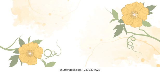 Botanical abstract art vector. Luxurious wallpaper in a minimalist style with golden lines, yellow flowers and botanical leaves, watercolor. Vector background for banner, wall decor, packaging.	