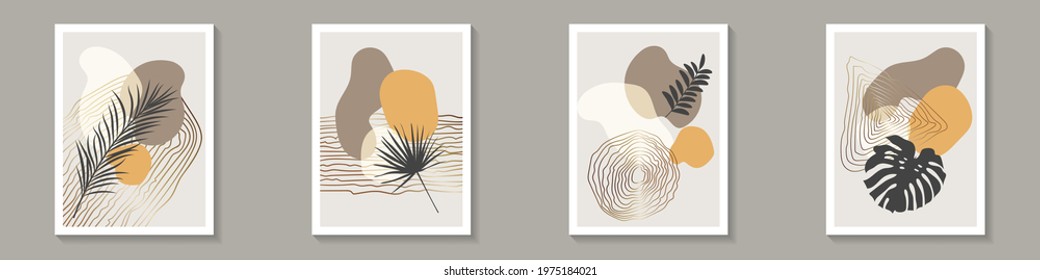 Botanical abstract arts set. Summer tropical banners. Black tropic plant leaves with abstract shapes. Works for wall framed prints, posters, home decor, covers. Vector illustrations.