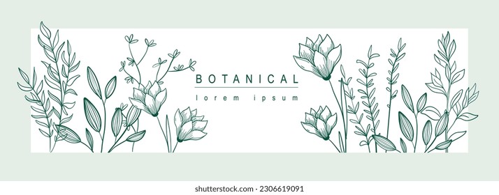 Botanical abstract background with floral line art design. Horizontal web banner in minimal style with blooming magnolia flowers and lily buds, herbs and leaves in frame template. Vector illustration.