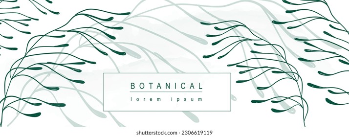 Botanical abstract background with floral line art design. Horizontal web banner in minimal style with green leaves ornament, greenery twigs with silhouette shadow on backdrop. Vector illustration.