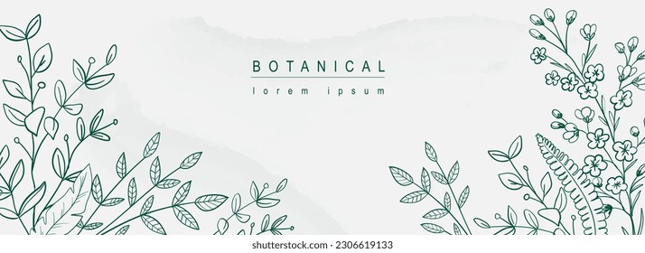 Fondo abstracto botánico con diseño de línea floral. Banner web horizontal de estilo mínimo con hojas dibujadas a mano, plantas, flores florecientes, diferentes ramas y ramas. Ilustración vectorial.