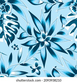 botanical abstract background texture seamless pattern with blue monochromatic tropical monstera plant foliage and frangipani flower on light background. Floral background. Exotic tropic. Summer decor
