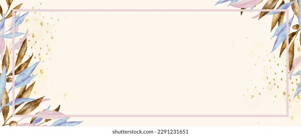 Botanical abstract banner background. Colourful blue, pink and beige leaves with pink frame and splashes. Fine, feminine art.