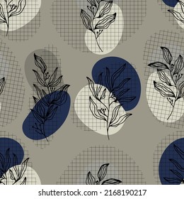 botanical abstract contour silhouette branches with leaves checkered background vector seamless pattern