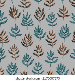 botanical abstract contour silhouette branches with leaves checkered background vector seamless pattern