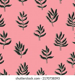 botanical abstract contour silhouette branches with leaves checkered background vector seamless pattern