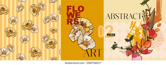 Botanical abstract digital art (poster, card, pattern) - fully editable poster for branding, advertising, printing in bright colors. Vector.