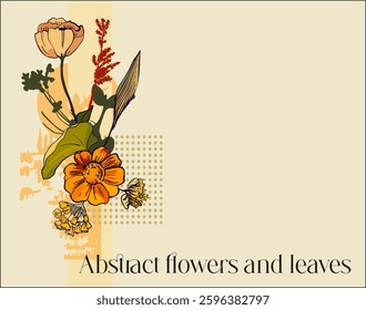 Botanical abstract digital art(isolated flowers, leaves and abstract shapes on a colored background)-illustration for branding,advertising,printing,wedding design in bright,saturated colors.Vector art
