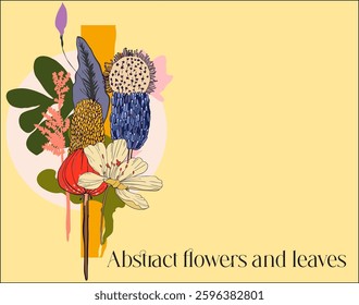 Botanical abstract digital art(isolated flowers, leaves and abstract shapes on a colored background)-illustration for branding,advertising,printing,wedding design in bright,saturated colors.Vector art