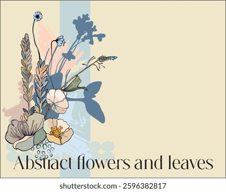 Botanical abstract digital art(isolated flowers, leaves and abstract shapes on a colored background)-illustration for branding,advertising,printing,wedding design in bright,saturated colors.Vector art