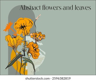 Botanical abstract digital art(isolated flowers, leaves and abstract shapes on a colored background)-illustration for branding,advertising,printing,wedding design in bright,saturated colors.Vector art