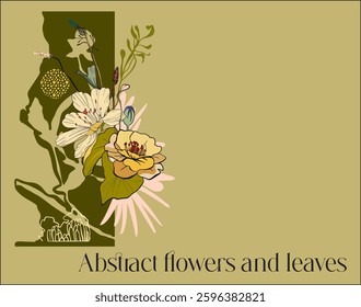 Botanical abstract digital art(isolated flowers, leaves and abstract shapes on a colored background)-illustration for branding,advertising,printing,wedding design in bright,saturated colors.Vector art