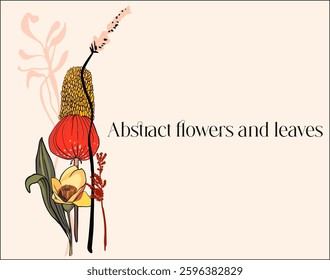 Botanical abstract digital art(isolated flowers, leaves and abstract shapes on a colored background)-illustration for branding,advertising,printing,wedding design in bright,saturated colors.Vector art