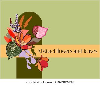 Botanical abstract digital art(isolated flowers, leaves and abstract shapes on a colored background)-illustration for branding,advertising,printing,wedding design in bright,saturated colors.Vector art