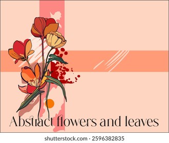 Botanical abstract digital art(isolated flowers, leaves and abstract shapes on a colored background)-illustration for branding,advertising,printing,wedding design in bright,saturated colors.Vector art