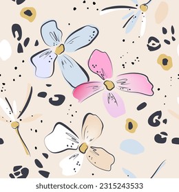 Botanical abstract flowers and leopard skin patches. Hand drawn seamless pattern summer floral background. Sketchy drawing of black outlines and white and pink-blue strokes.