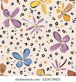 Botanical abstract flowers and leopard skin patches. Hand drawn seamless pattern summer floral background. Sketchy drawing of black and white outlines  strokes.