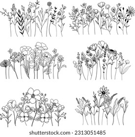 Botanical abstract line art composition, minimal floral border of hand drawn herbs, flowers, leaves and branches; vector illustration