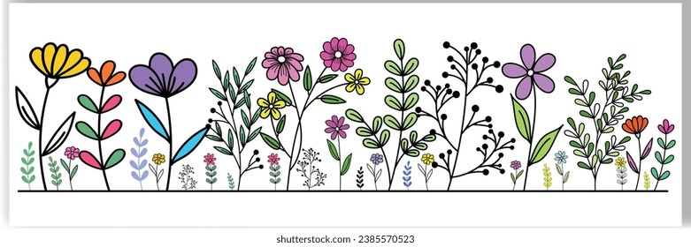 Botanical abstract line art composition minimal floral border of hand-drawn herbs flowers leaves