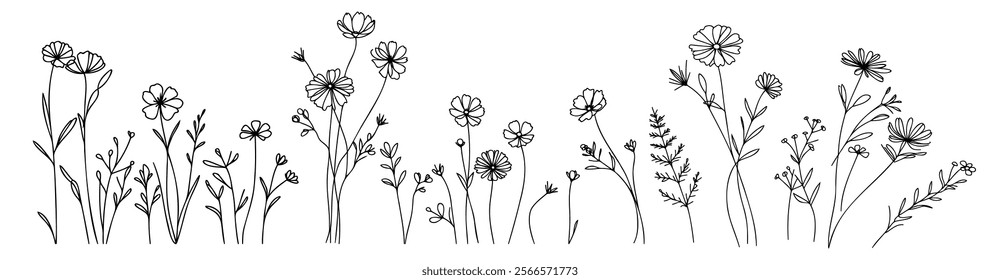 Botanical abstract line art composition, minimal floral border of hand drawn herbs, flowers, leaves, wildflowers and branches vector illustration.
