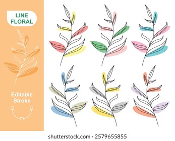 Botanical abstract line arts, hand drawn herbs, flowers, leaves and branches, vector illustration