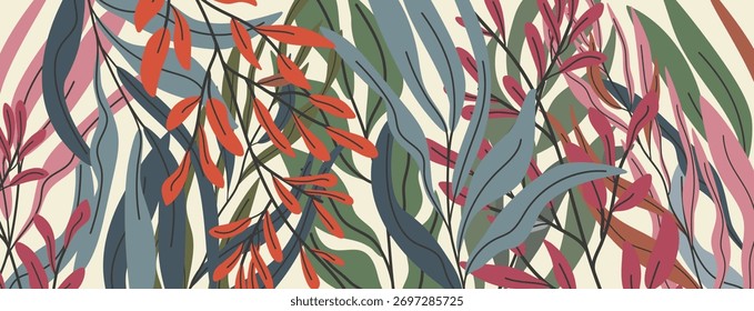 Fondo pastel abstracto botánico. Cierre de hojas de Anuncio de colores. Diseño para el Anuncio, invitación para el Anuncio, Sitio web, volante, cubierta. Ilustración vectorial