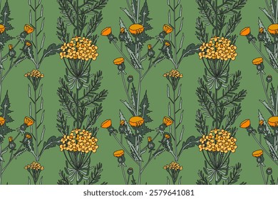 Botanical abstract plant seamless pattern with wildflowers vector illustration. Repeating retro floral pattern in green pastel colors background. Graphic design for Wallpaper Textile Cover Card Print