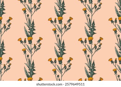 Botanical abstract plant seamless pattern with wildflowers vector illustration. Repeating retro floral pattern in pink pastel colors background. Graphic design for Wallpaper Textile Cover Card Print