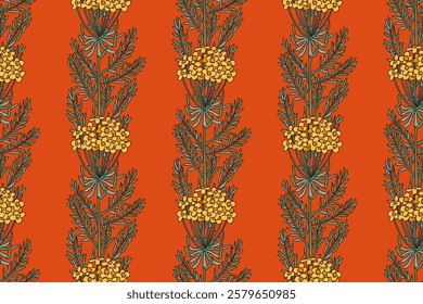 Botanical abstract plant seamless pattern with wildflowers vector illustration. Repeating retro floral pattern in red colors background. Graphic design for Wallpaper Textile Cover Card Print Product