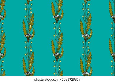 Botanical abstract plant seamless pattern with wildflowers vector illustration. Repeating retro floral pattern in blue color background. Graphic design for Wallpaper Textile Cover Card Birthday Print 